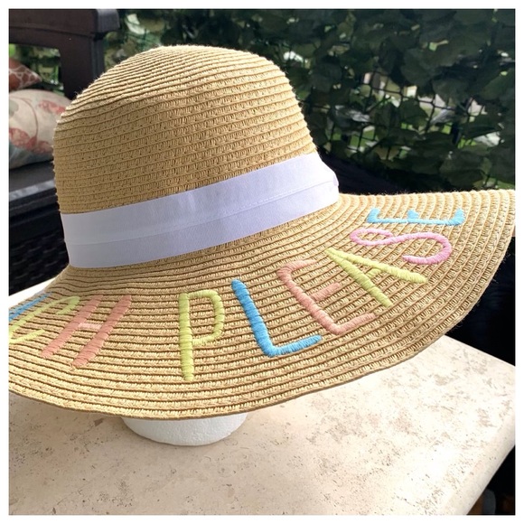 NWT C.C Straw Floppy Brim Sun Hat with lettering - Picture 2 of 9